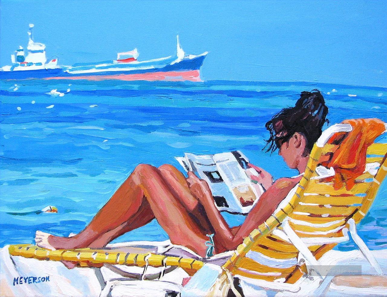 Mädchen lesen am Strand Ölgemälde